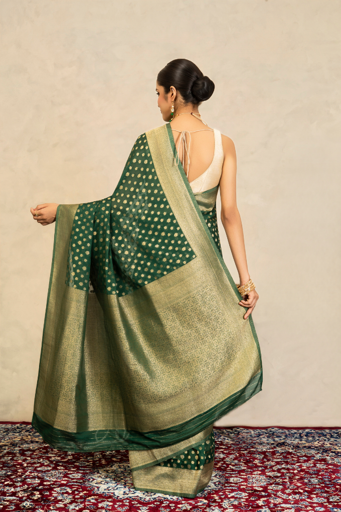 Bottle Green Pure Chiffon Banarasi Handloom Saree