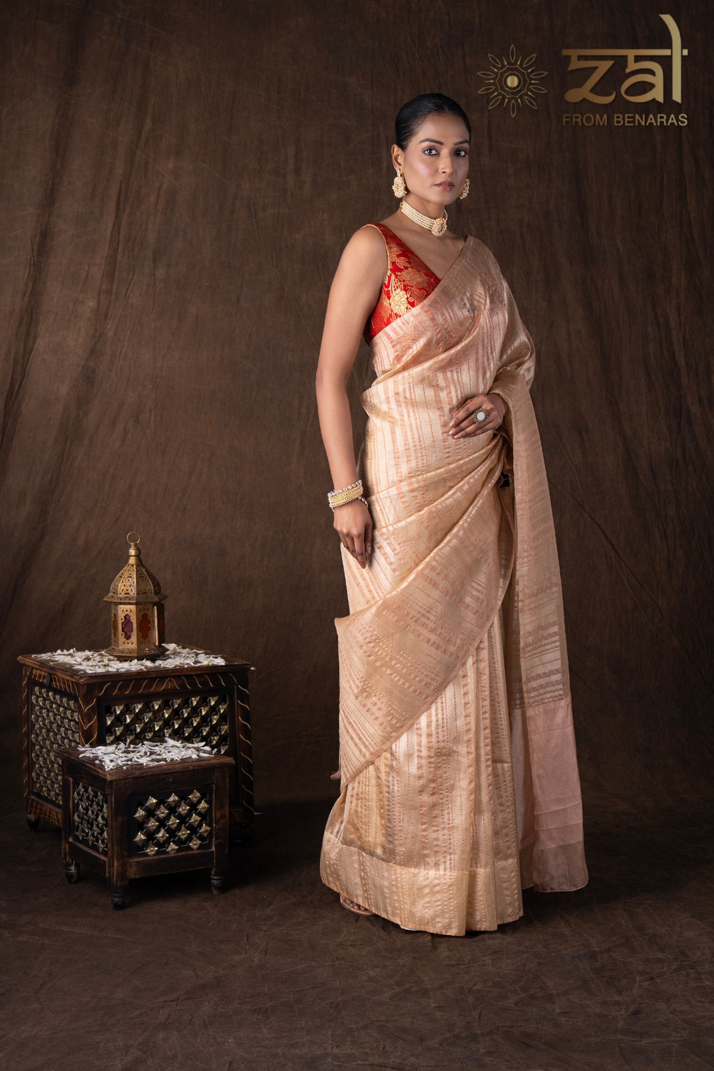 Peach Copper Lining Tissue Silk Banarasi Handloom Saree