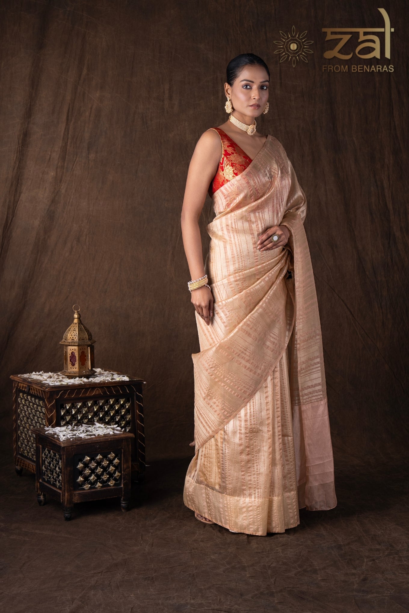 Peach Copper Lining Tissue Silk Banarasi Handloom Saree