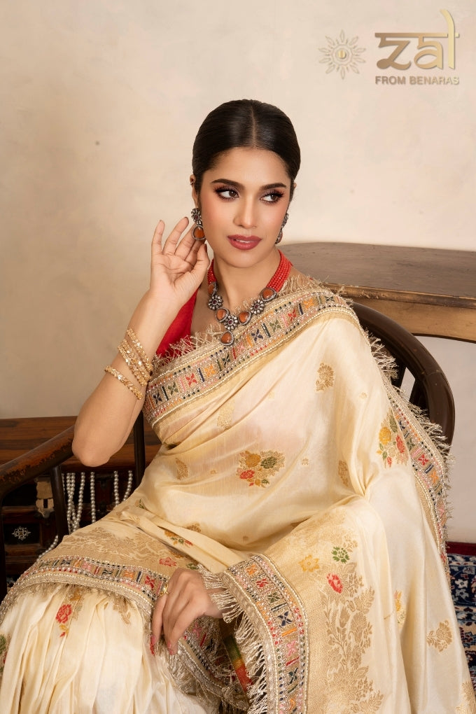Cream Pure Katan Silk Banarasi Handloom Saree