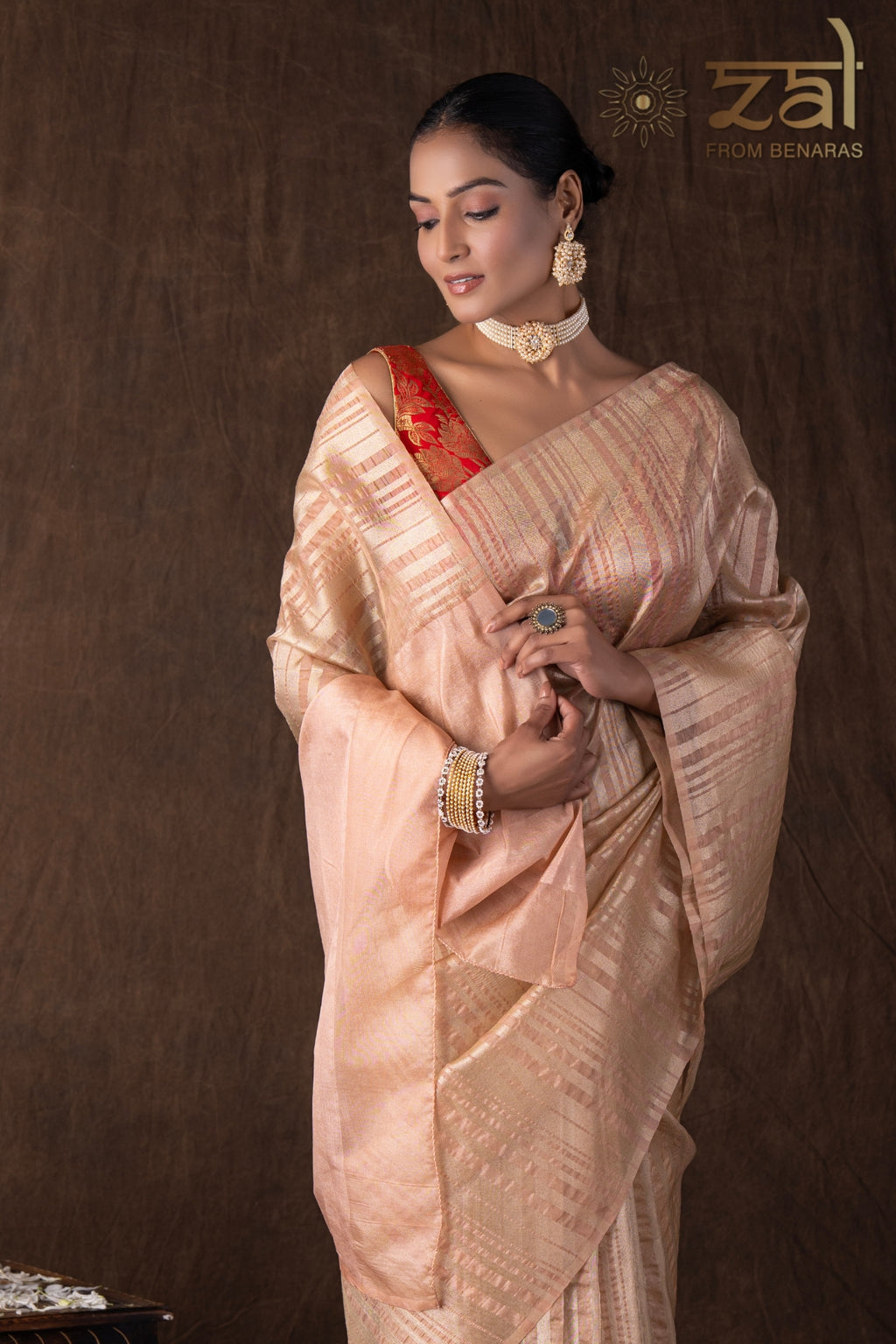Peach Copper Lining Tissue Silk Banarasi Handloom Saree