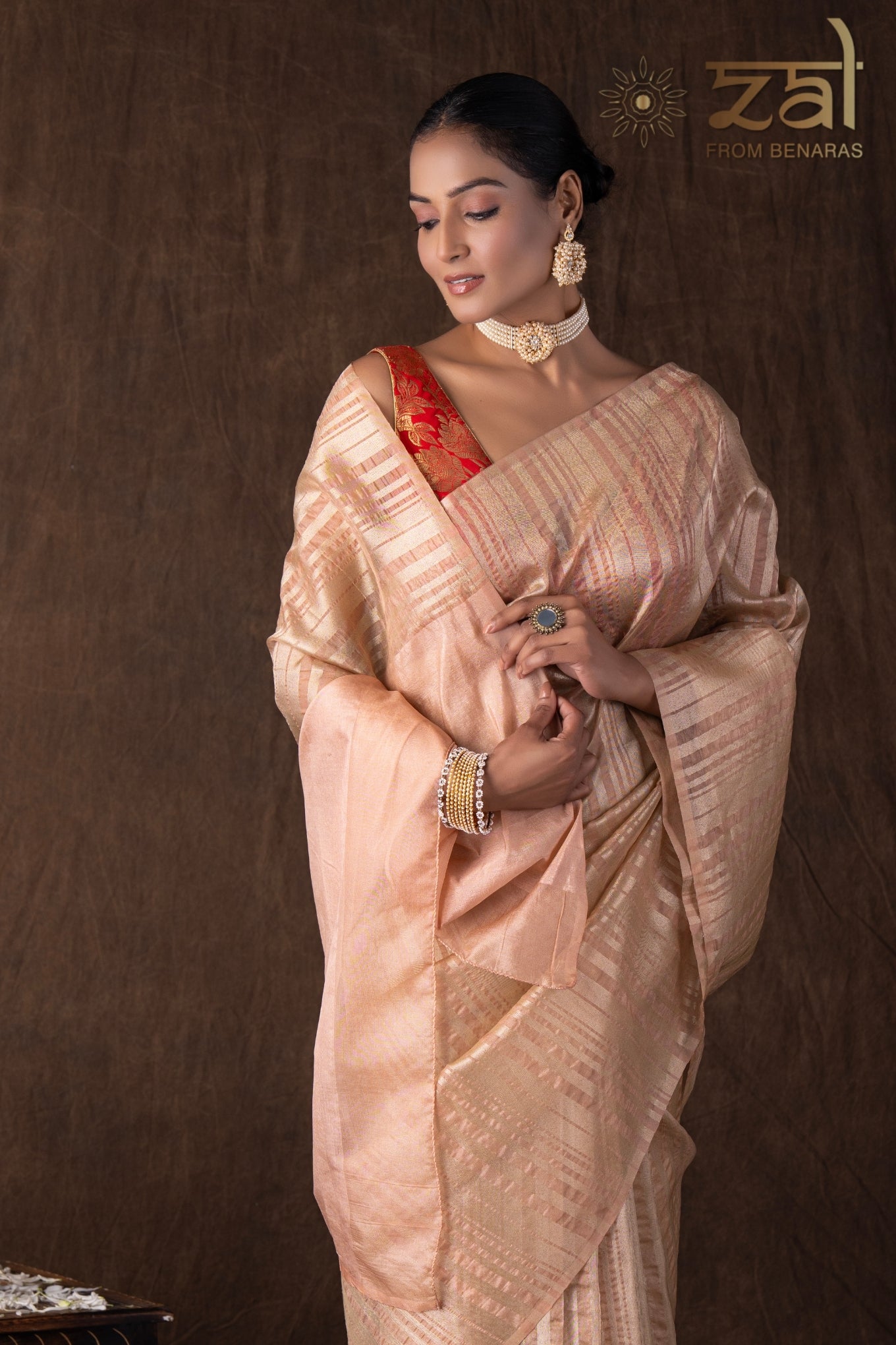 Peach Copper Lining Tissue Silk Banarasi Handloom Saree