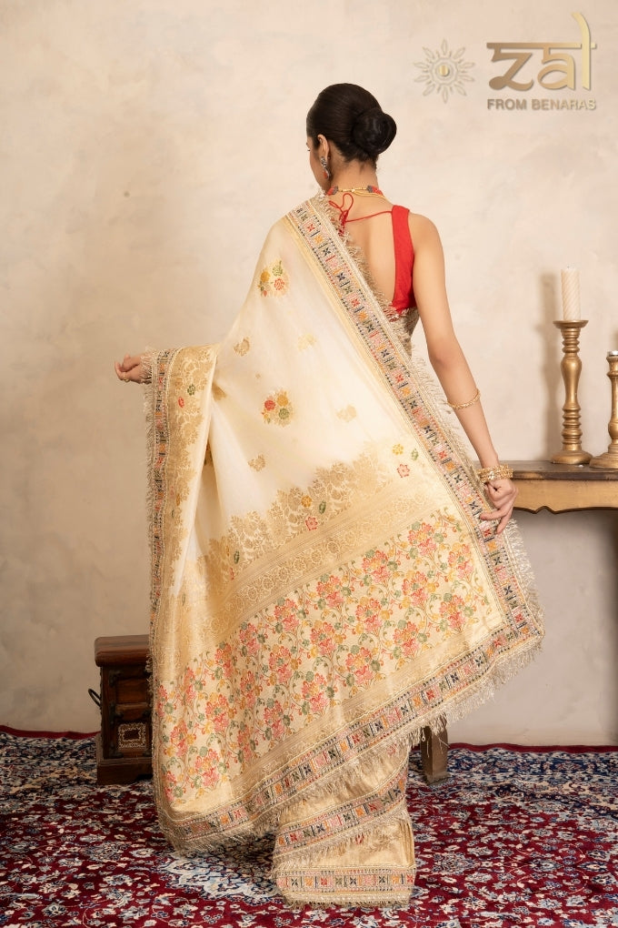 Cream Pure Katan Silk Banarasi Handloom Saree