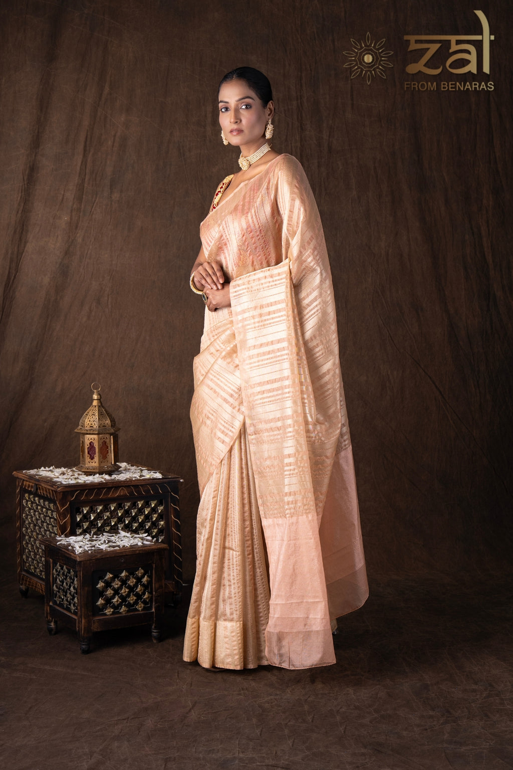 Peach Copper Lining Tissue Silk Banarasi Handloom Saree