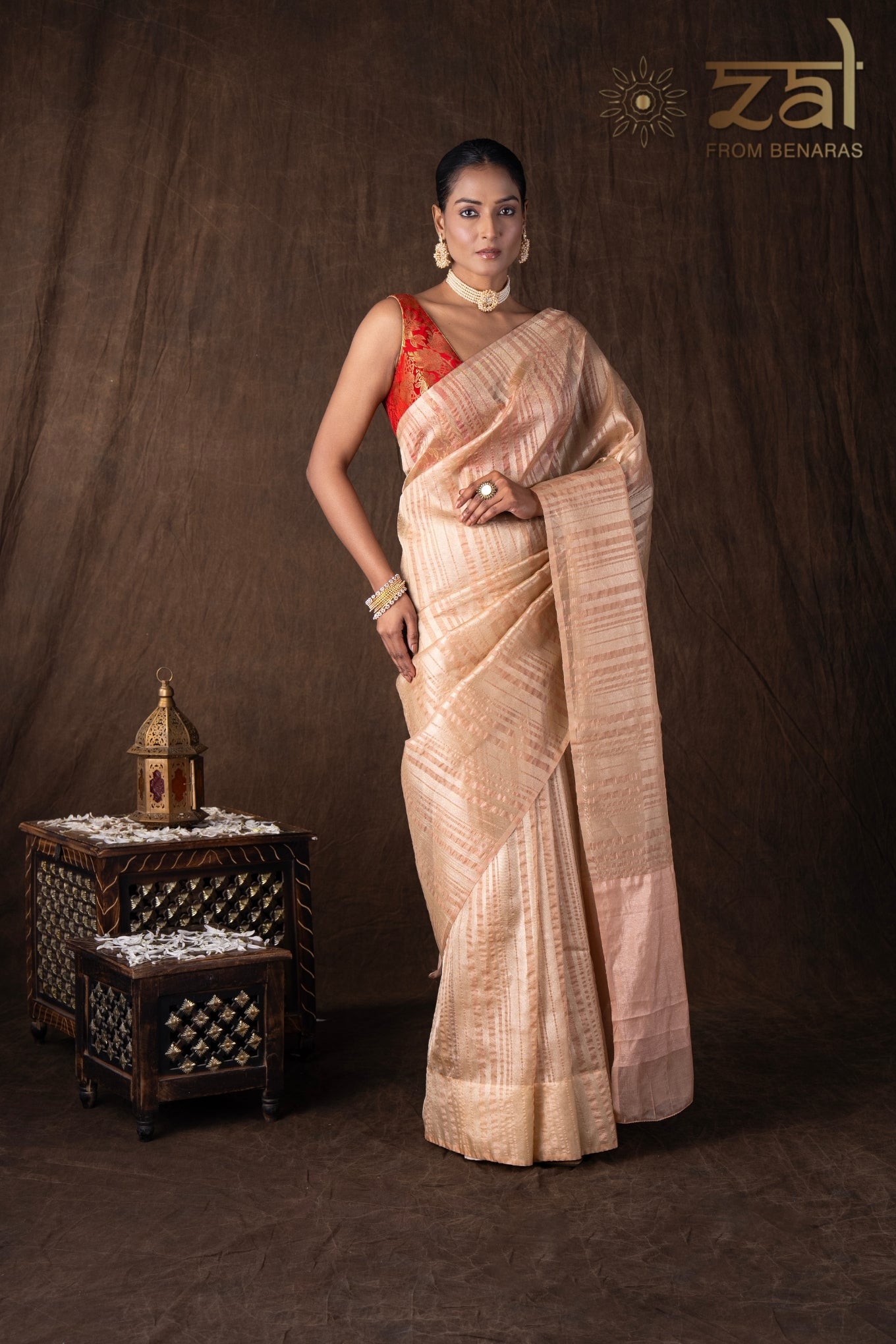Peach Copper Lining Tissue Silk Banarasi Handloom Saree