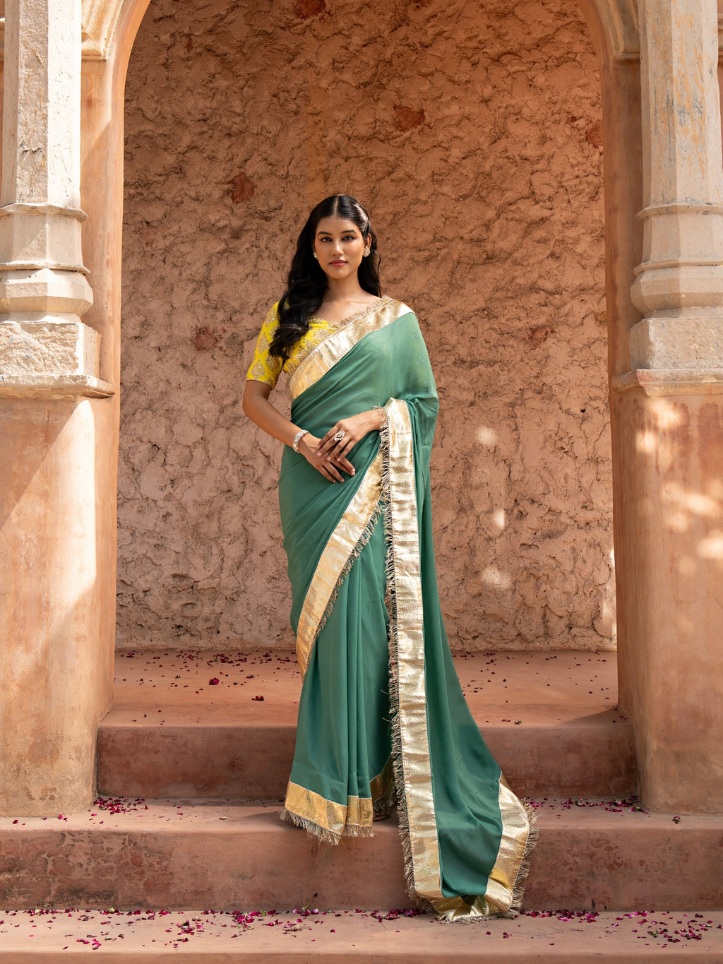 Sage Green Pure Georgette Handloom Gota Patti Saree