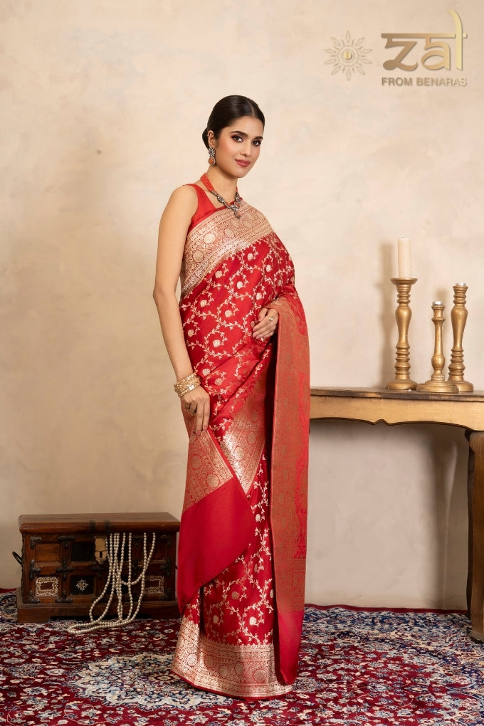 Red Pure Katan Satin silk Banarasi Handloom Saree