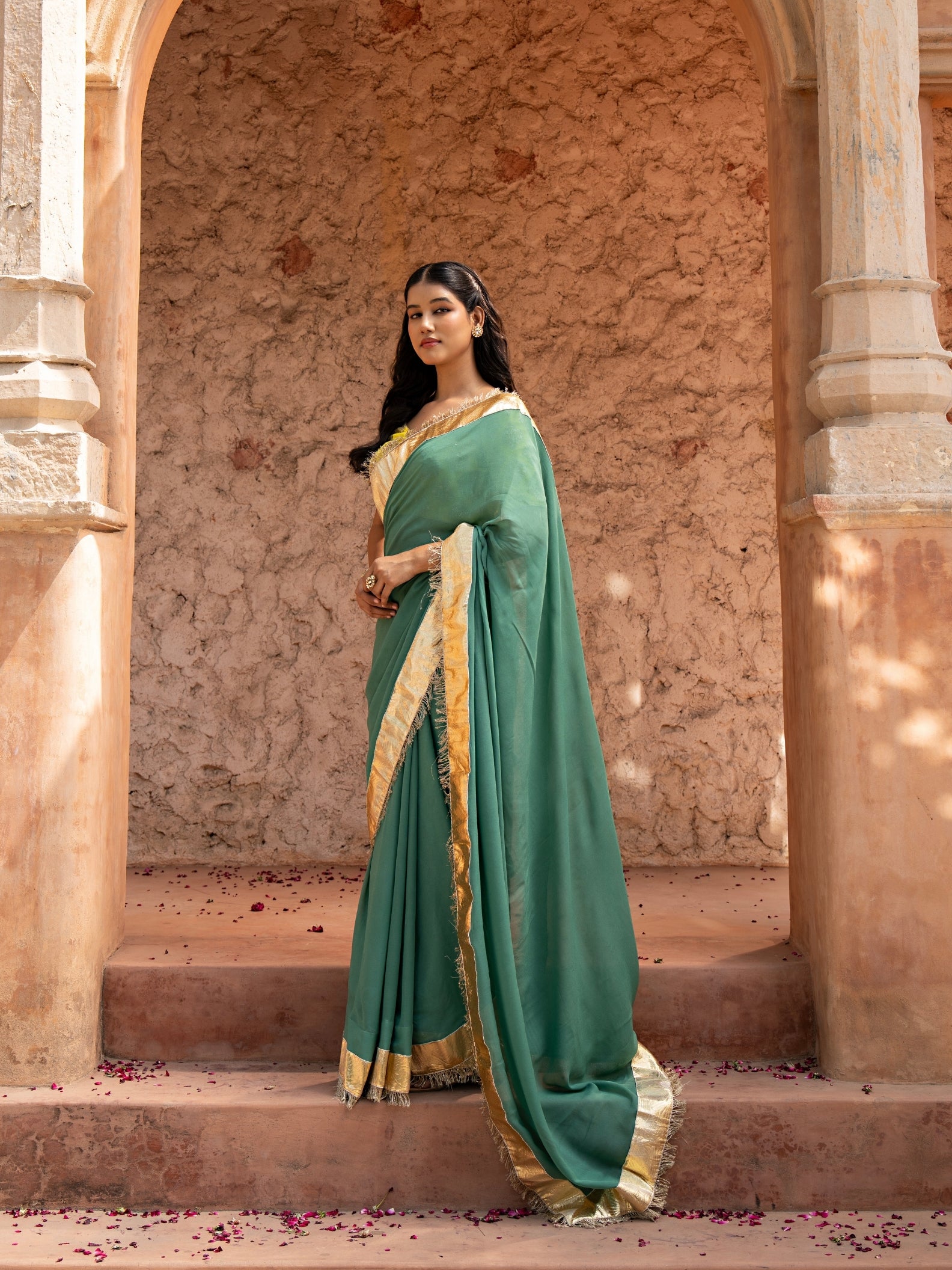 Sage Green Pure Georgette Handloom Gota Patti Saree