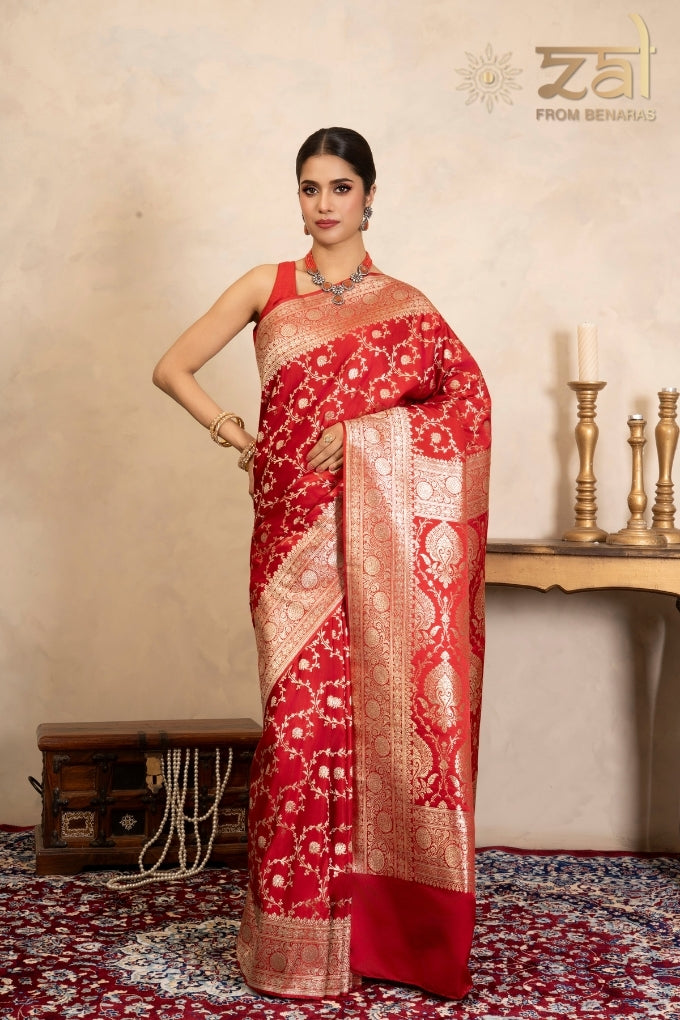 Red Pure Katan Satin silk Banarasi Handloom Saree