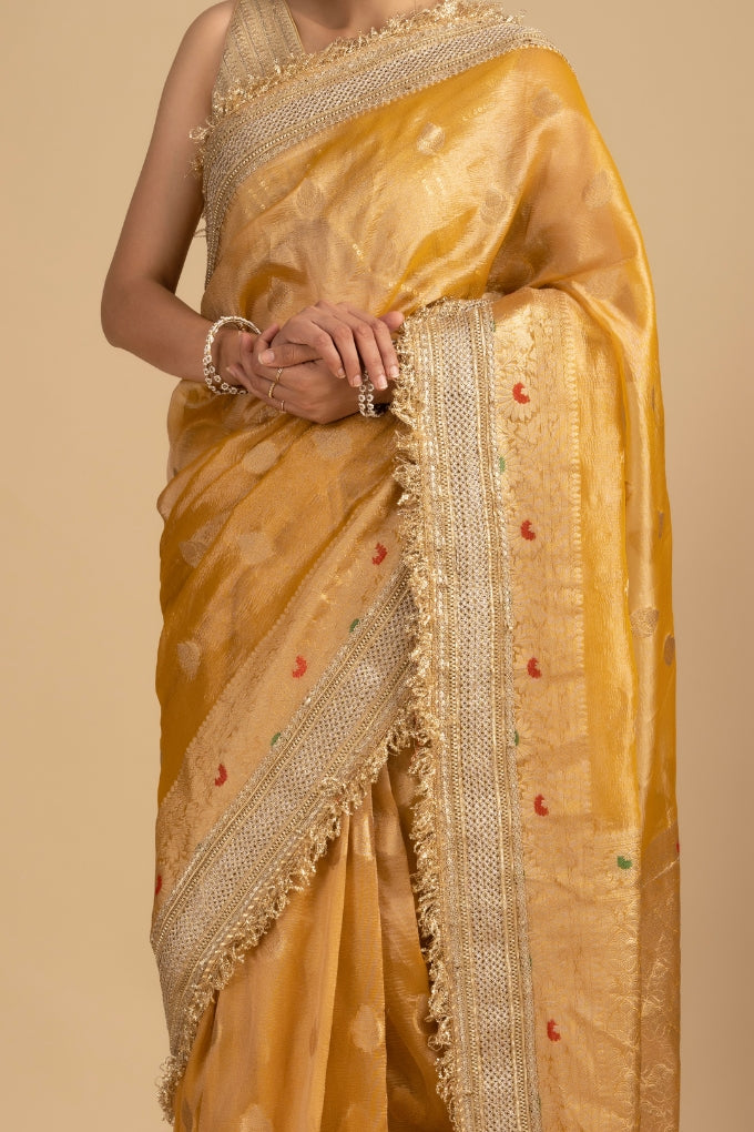 Mustard yellow Pure crushed tissue silk Banarasi hanloom Saree