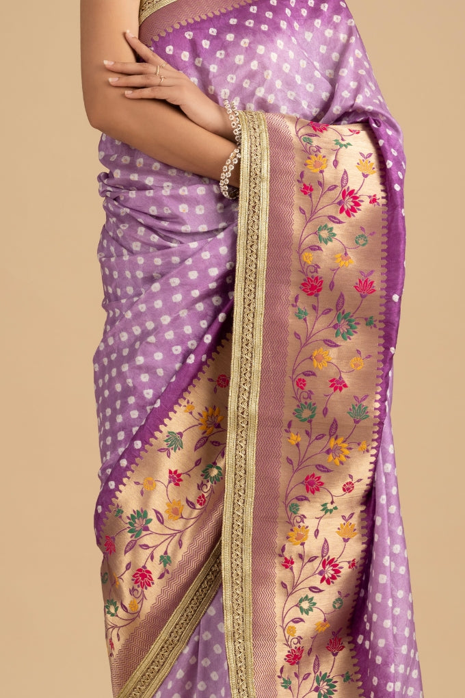 Mauve Pure Silk Bandhej handloom Saree