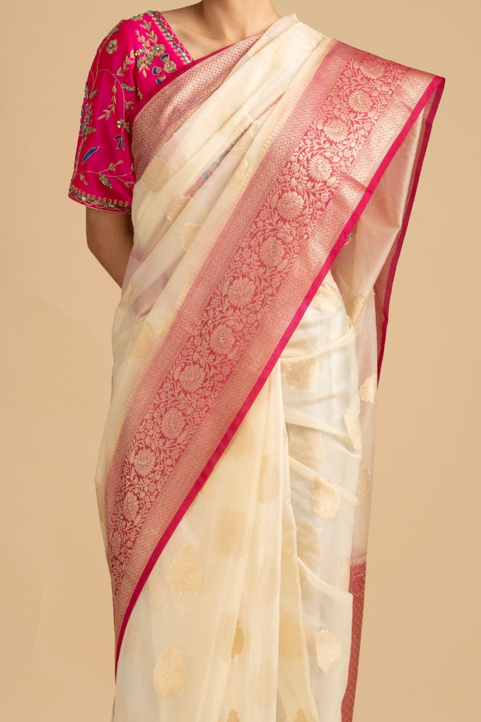 White-Pink Kora Organza Silk Banarasi Handloom Saree