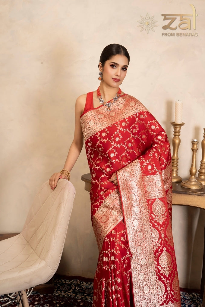 Red Pure Katan Satin silk Banarasi Handloom Saree