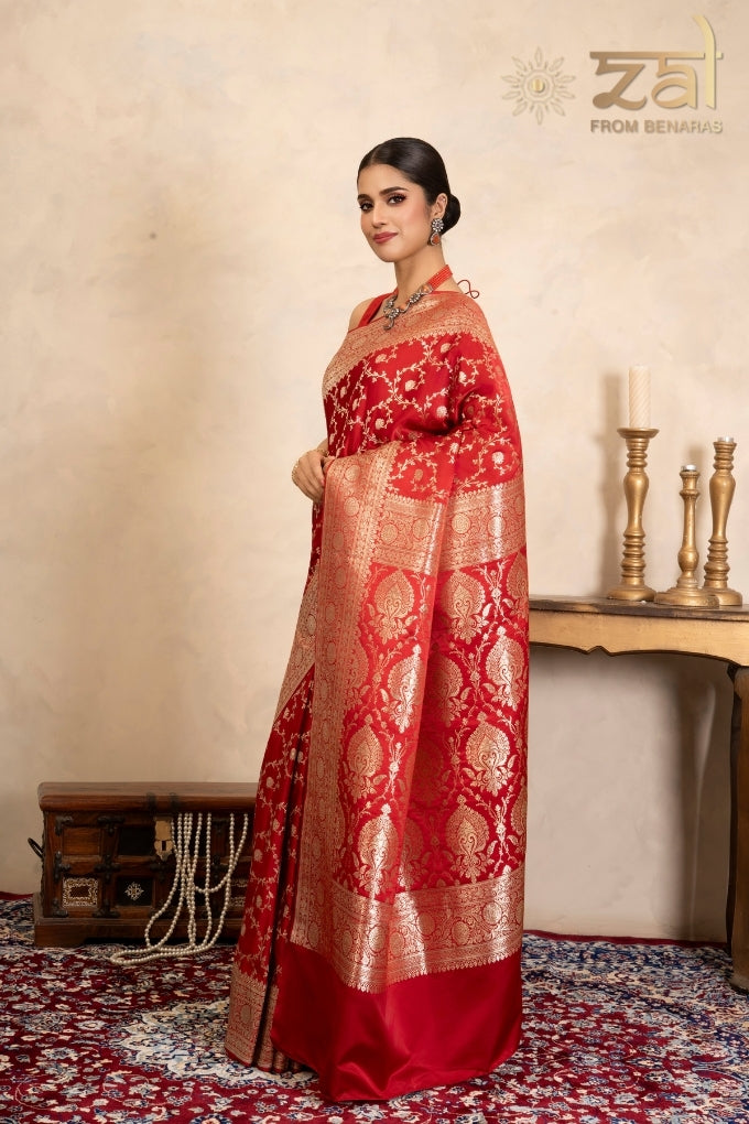 Red Pure Katan Satin silk Banarasi Handloom Saree