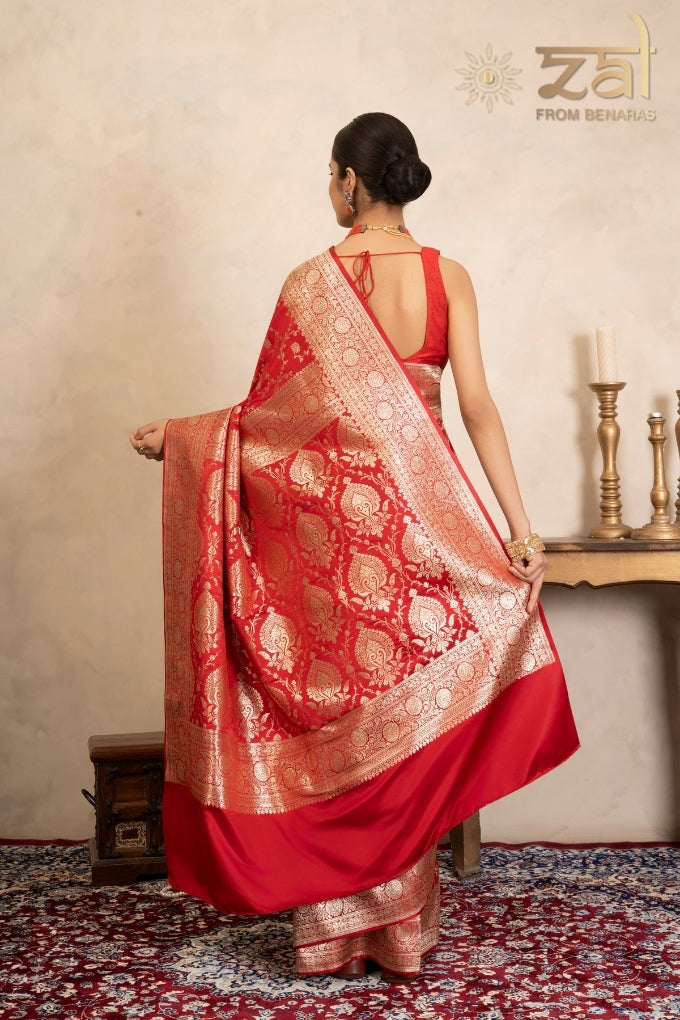 Red Pure Katan Satin silk Banarasi Handloom Saree