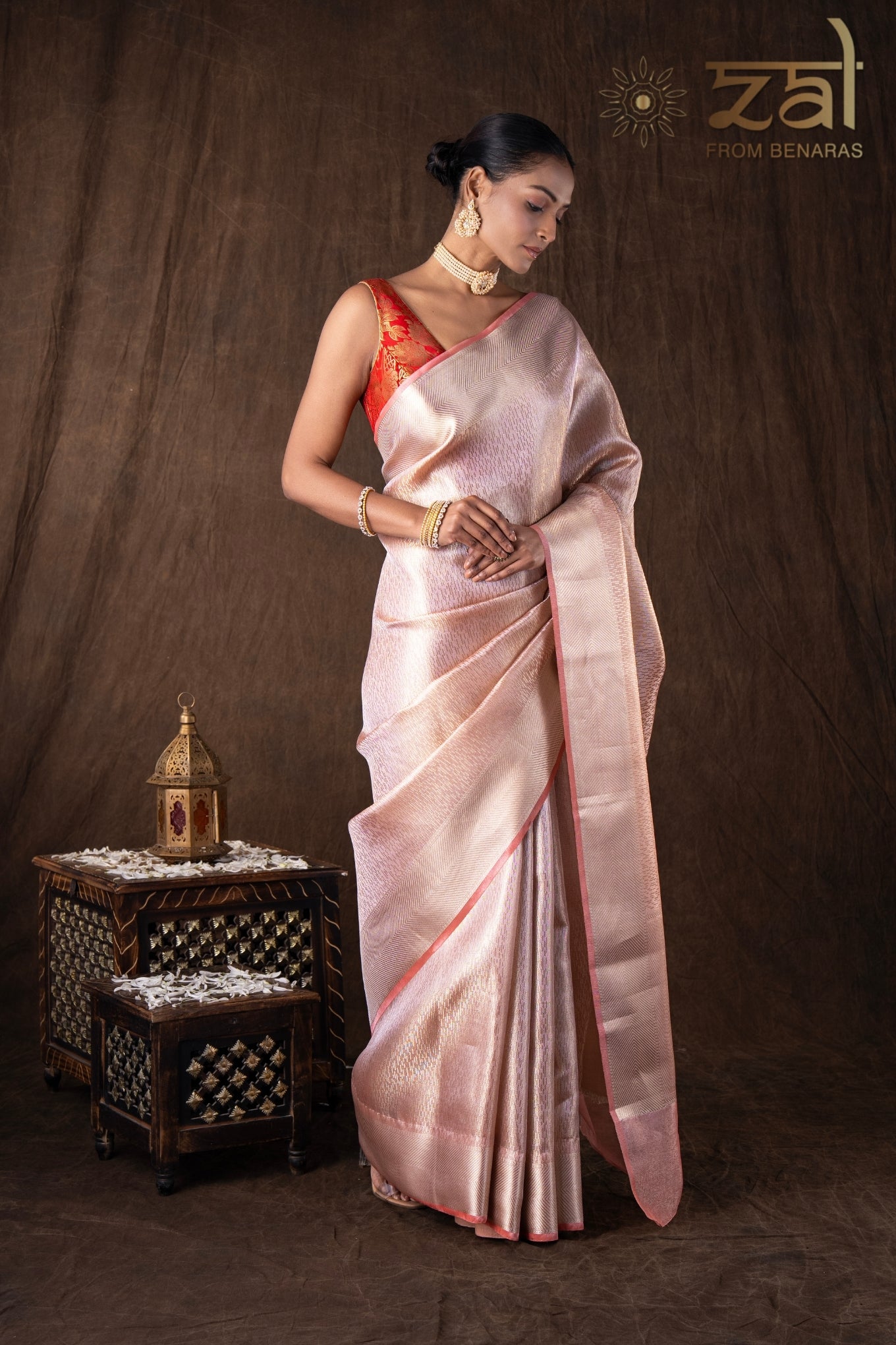 Peach Pure katan Silk Brocade Banarsi Handloom Saree