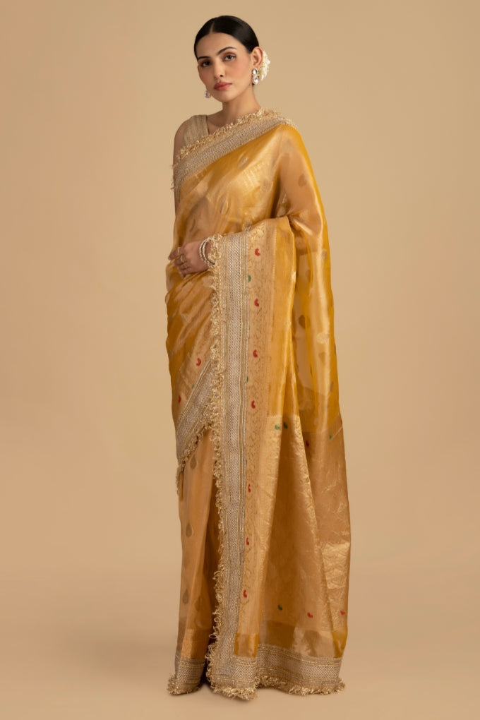 Mustard yellow Pure crushed tissue silk Banarasi hanloom Saree