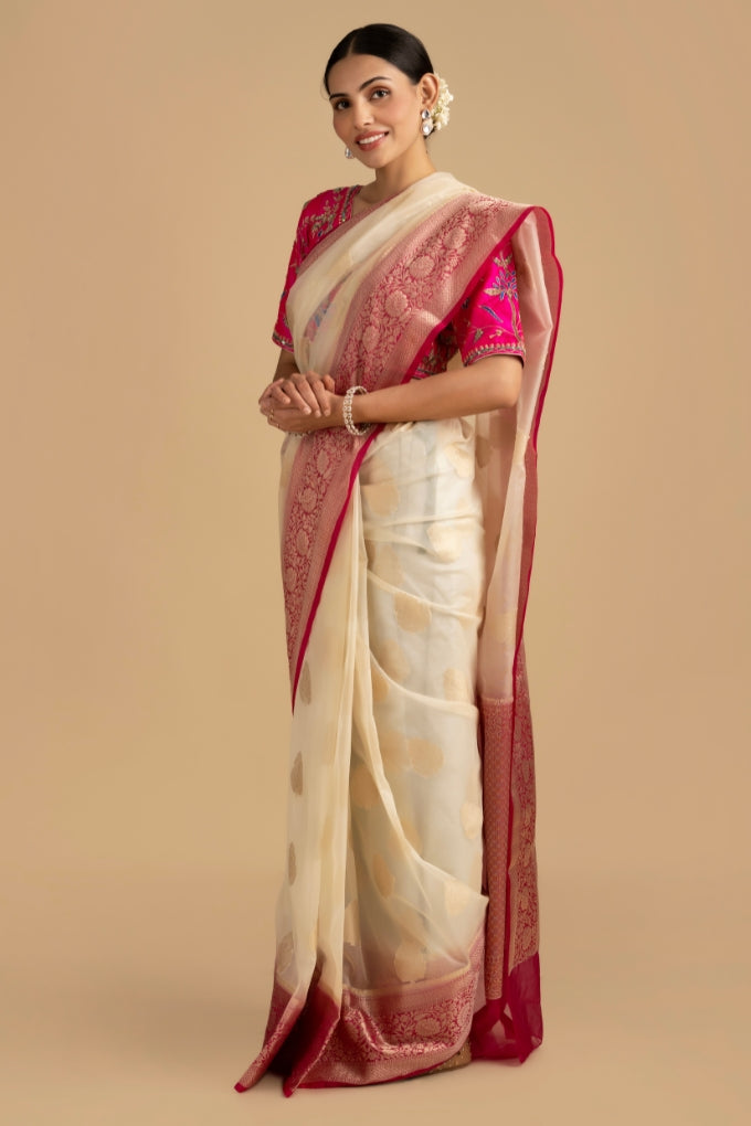 White-Pink Kora Organza Silk Banarasi Handloom Saree