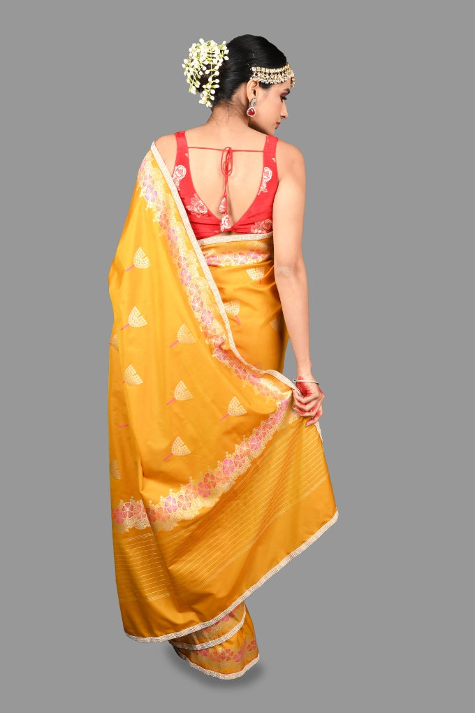 Mustard Yellow Pure Silk Banarasi Handloom Saree with Pearl work