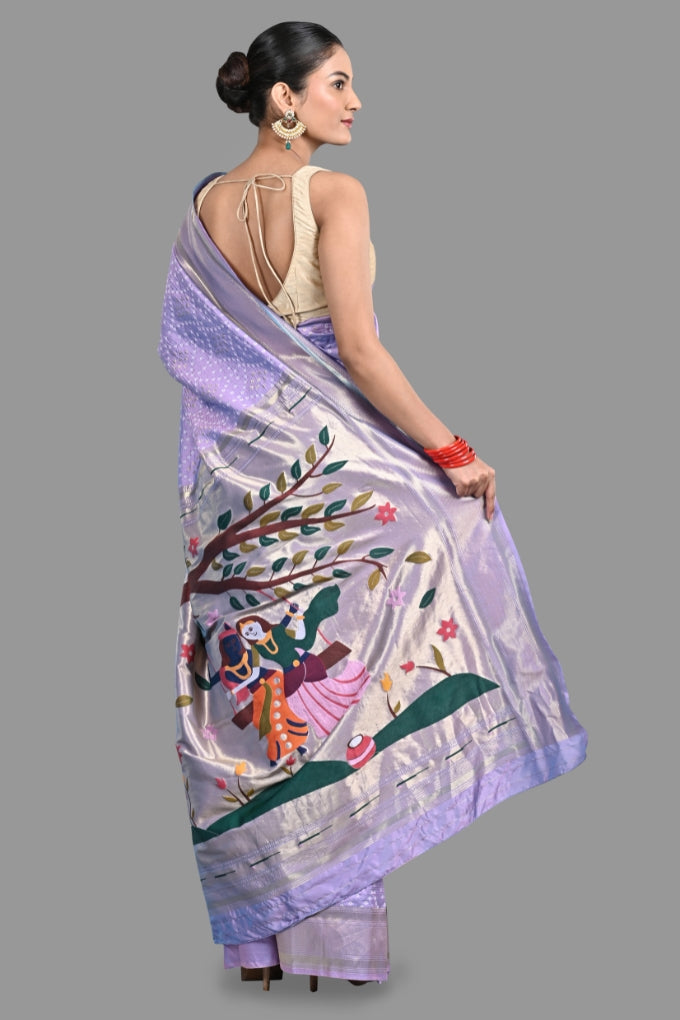 Lavender Pure Silk Paithani Bandhej work Saree