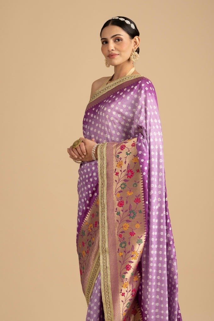 Mauve Pure Silk Bandhej handloom Saree