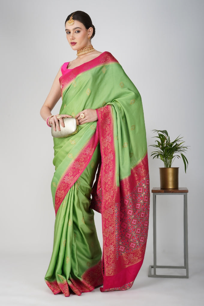 Parrot Green Pure Katan Silk banarasi handloom Saree