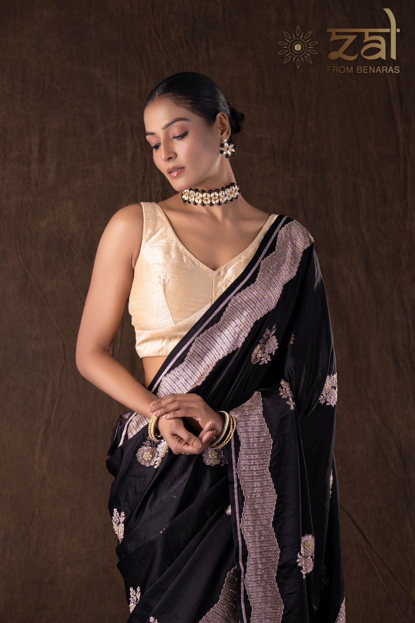 Black Pure Katan Silk Handwork Saree