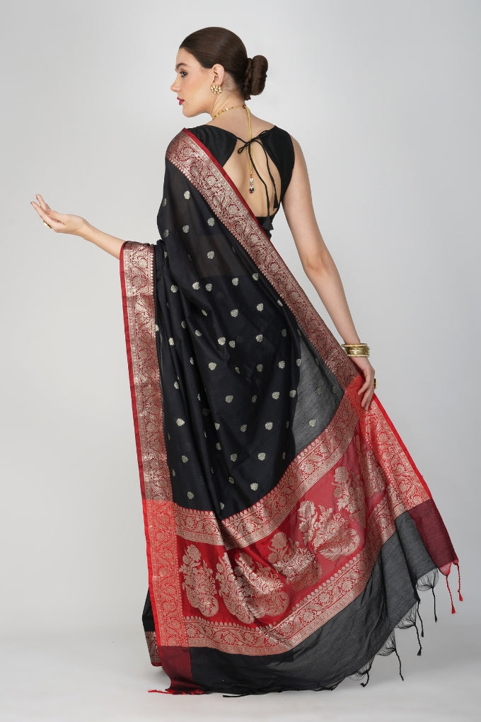 Black Red Pure Katan Silk Banarasi Handloom Saree