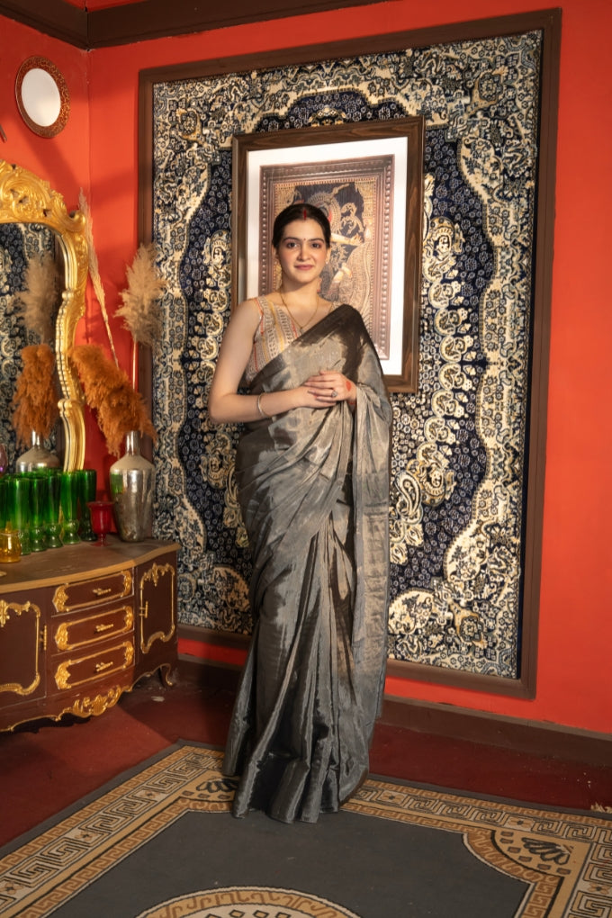 Smokey Grey Tissue Zari Pure Chanderi handloom Saree