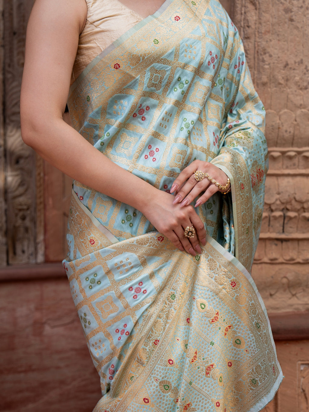 Sky Blue Pure Monga Silk Banarasi Ghatchola Handloom Saree