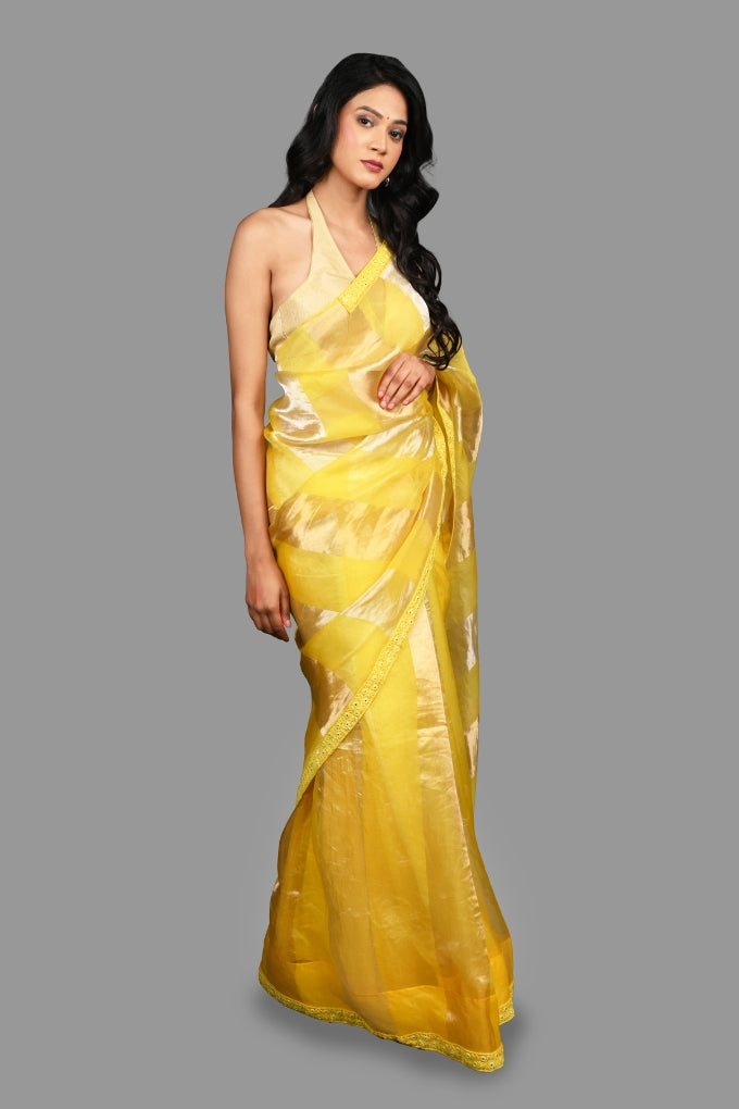 Lemon yellow Pure Organza Silk Stripe Zari Saree