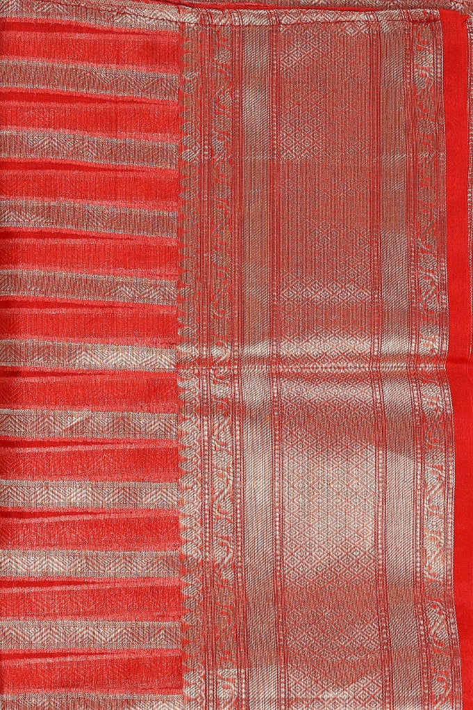 White - Red Kora Organza Silk Banarasi Handloom Saree