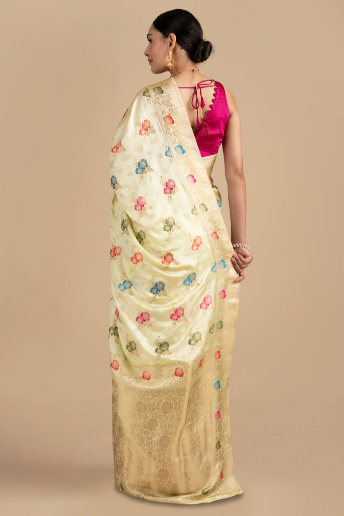 Cream Pure Katan Silk Banarasi meenakari Handloom saree