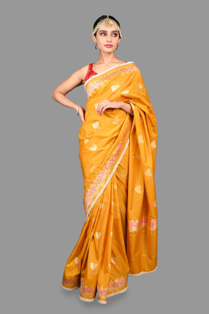 Mustard Yellow Pure Silk Banarasi Handloom Saree with Pearl work