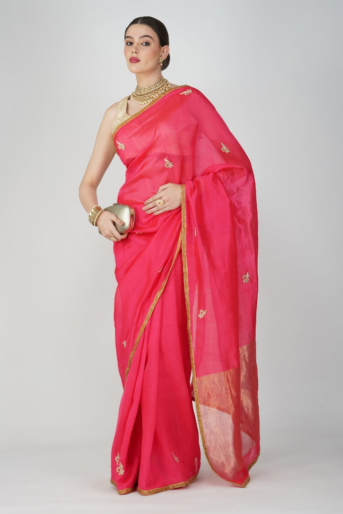 Red Pure Chanderi Silk Saree (plain)