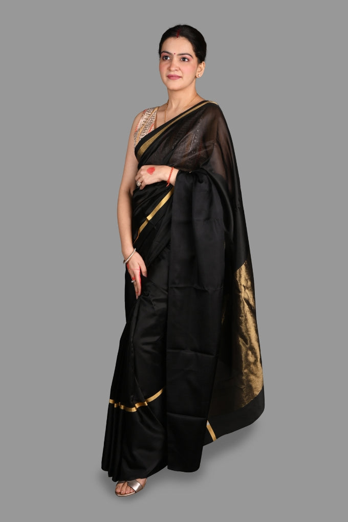 Black Pure Pattu Silk Chanderi Handloom saree
