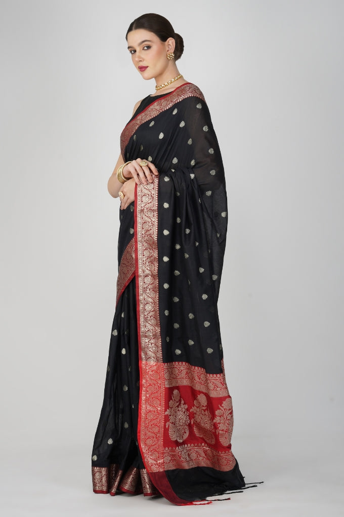 Black Red Pure Katan Silk Banarasi Handloom Saree