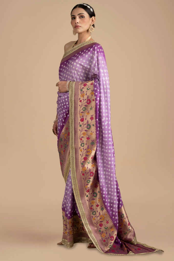 Mauve Pure Silk Bandhej handloom Saree