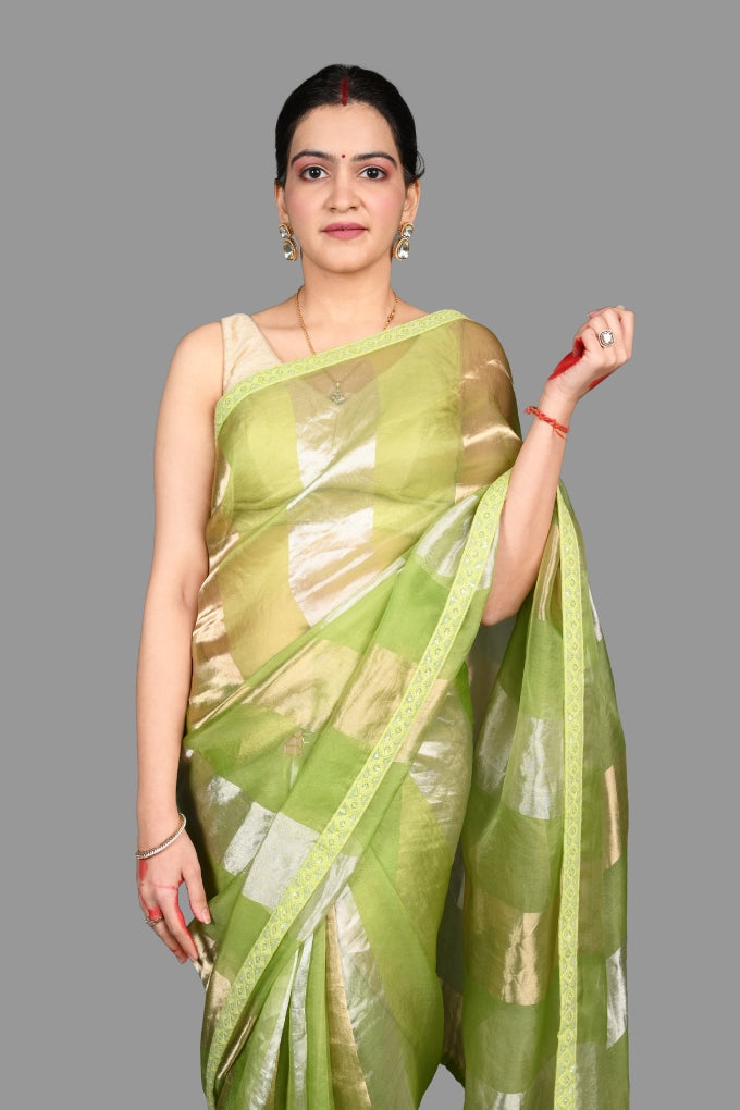 Pista Green Pure Organza Silk Stripe Zari Saree