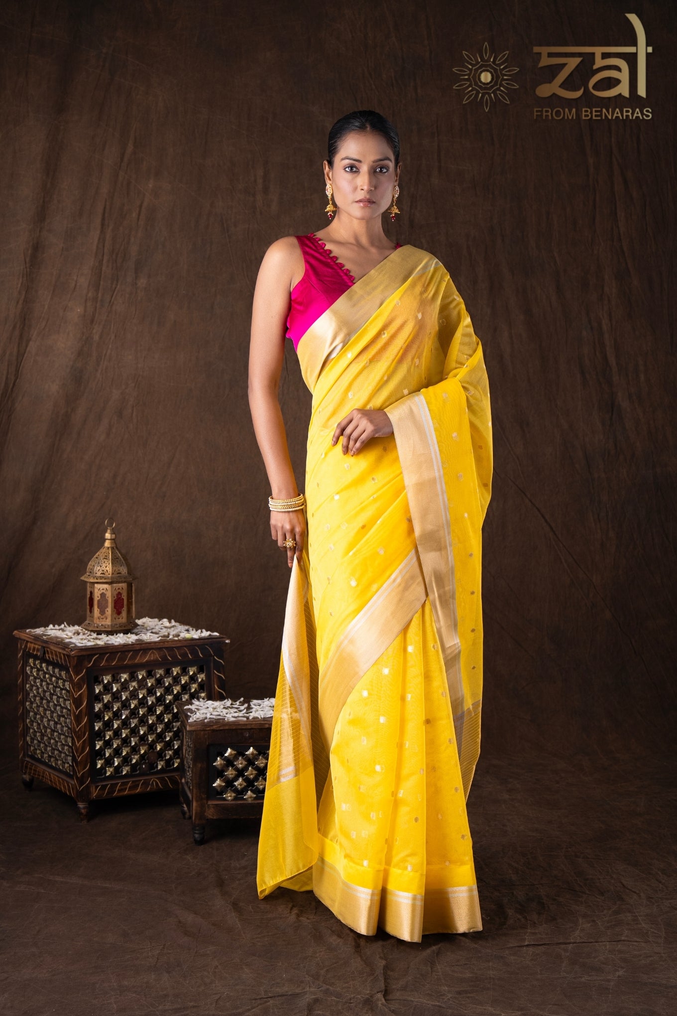 Yellow Katan Silk Zari Boota Banarasi Handloom Saree