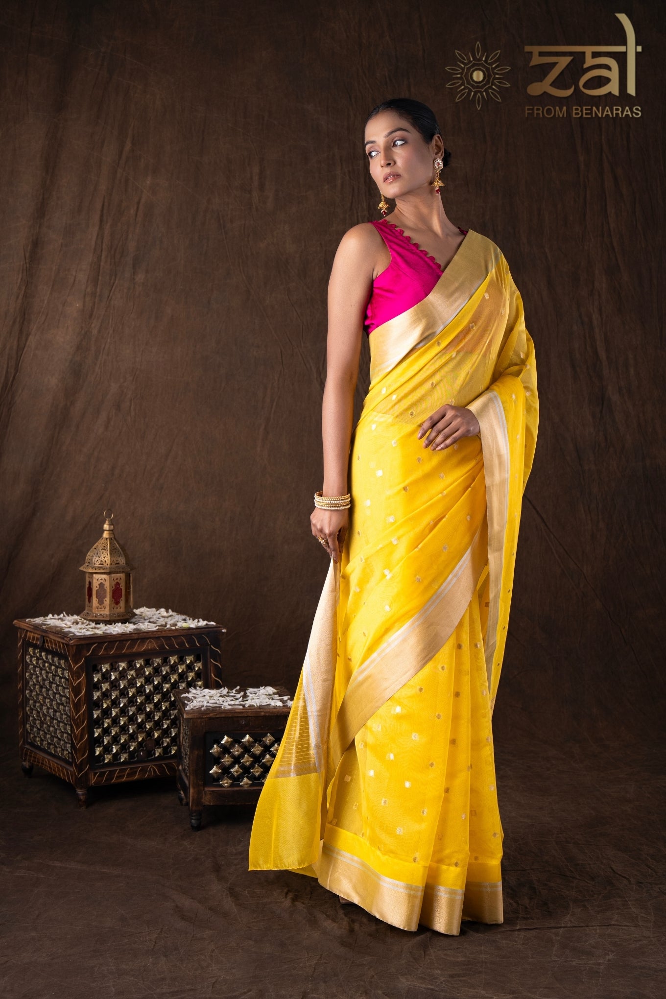 Yellow Katan Silk Zari Boota Banarasi Handloom Saree
