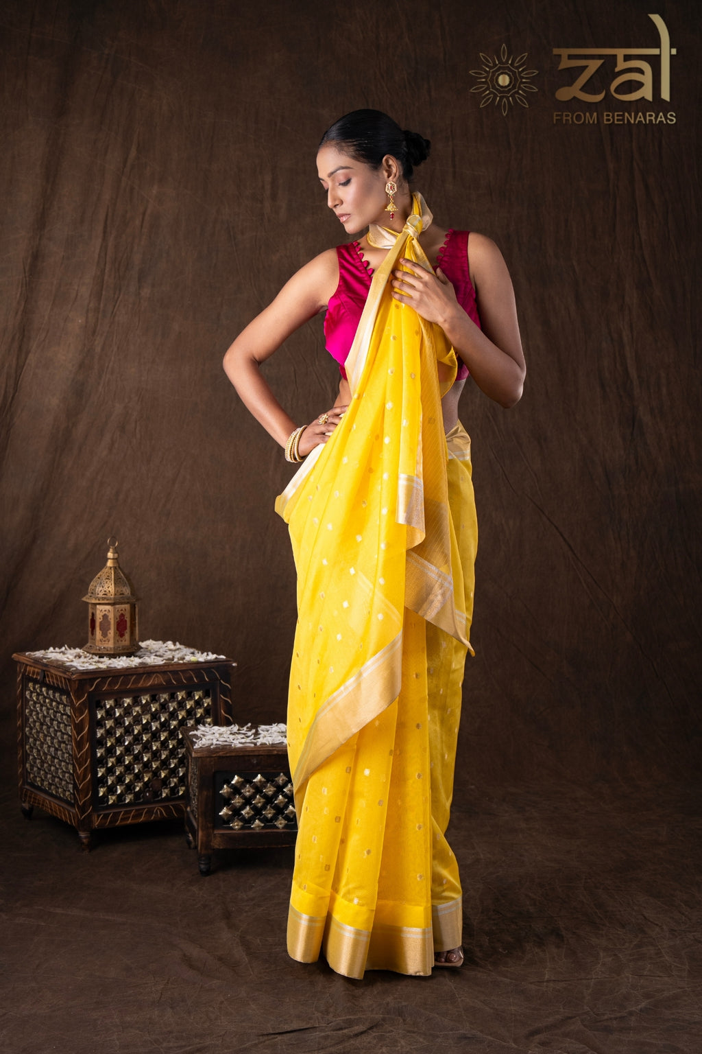 Yellow Katan Silk Zari Boota Banarasi Handloom Saree