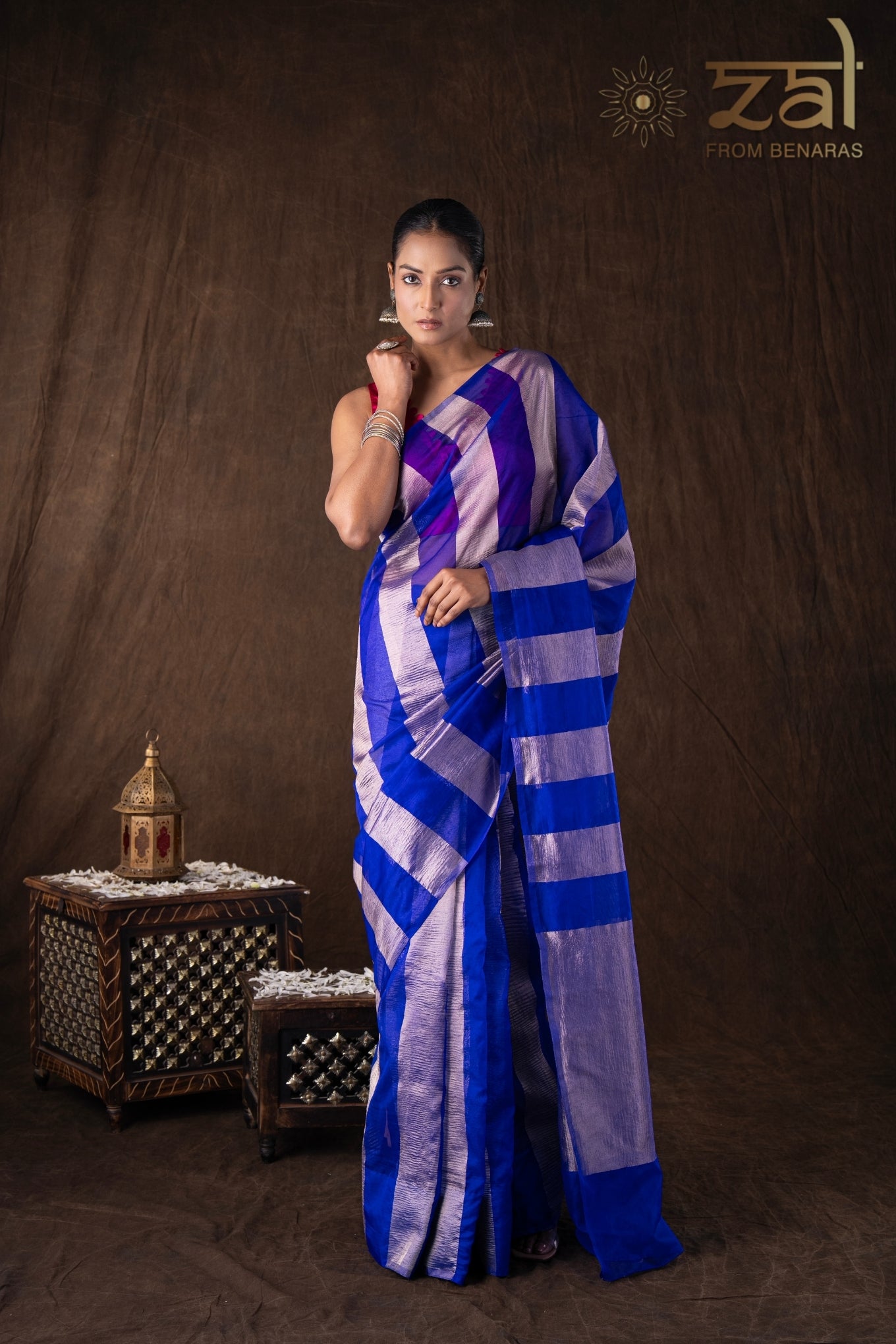 Blue Zari Stripe Moonga Tissue Silk Banarasi Handloom saree