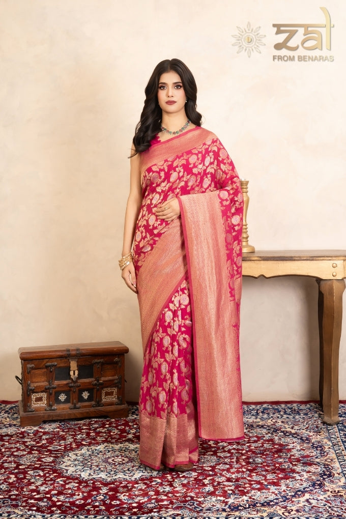 Rani Pink Pure Katan Banarasi Handloom Saree