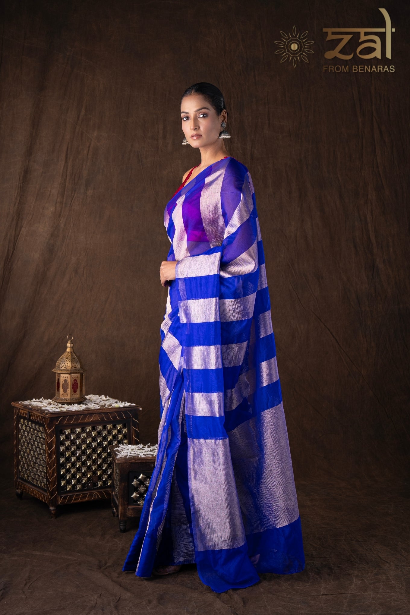 Blue Zari Stripe Moonga Tissue Silk Banarasi Handloom saree