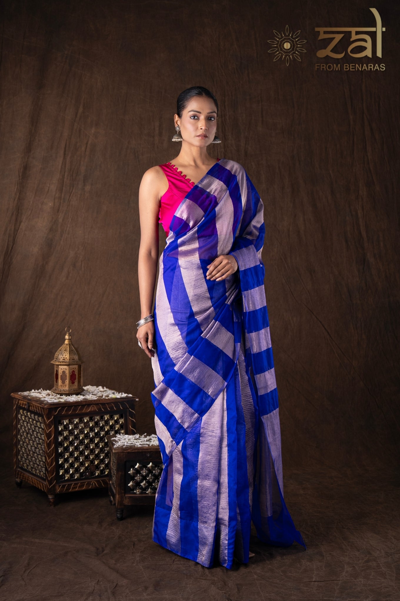 Blue Zari Stripe Moonga Tissue Silk Banarasi Handloom saree