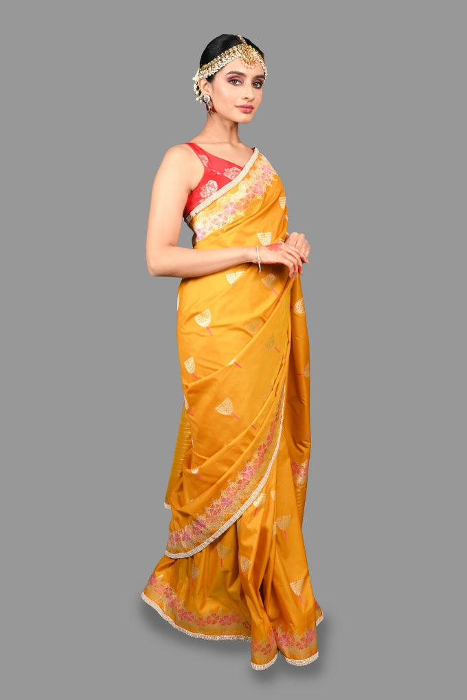 Mustard Yellow Pure Silk Banarasi Handloom Saree with Pearl work