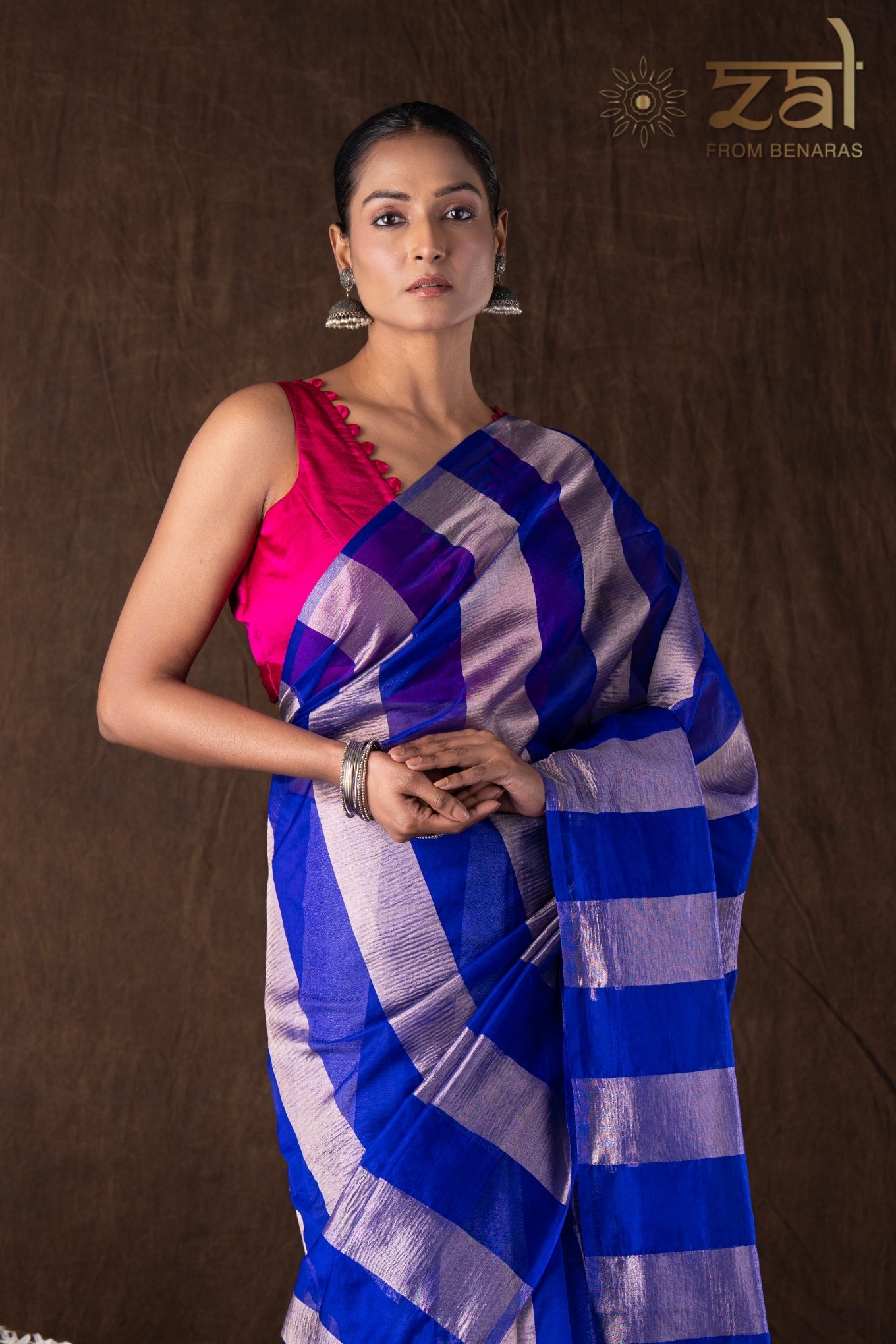 Blue Zari Stripe Moonga Tissue Silk Banarasi Handloom saree