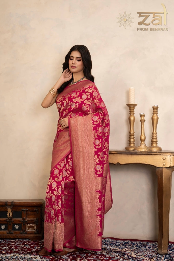 Rani Pink Pure Katan Banarasi Handloom Saree