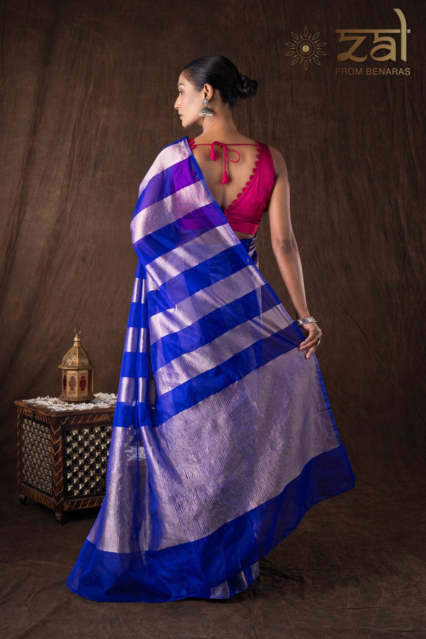 Blue Zari Stripe Moonga Tissue Silk Banarasi Handloom saree